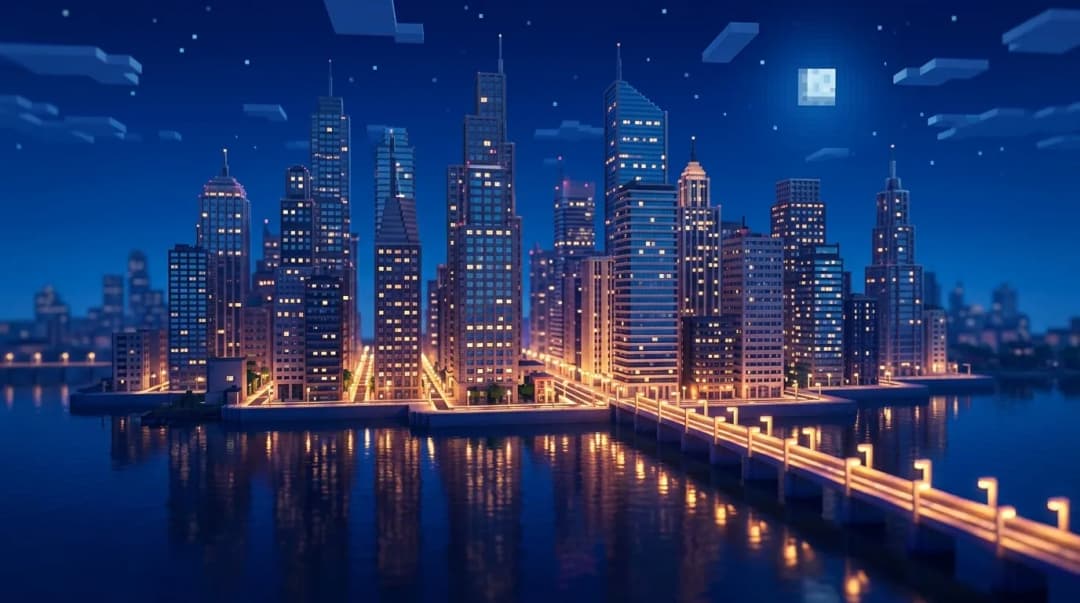 Cidade de arranha-céus iluminados ao anoitecer, refletidos na água à frente