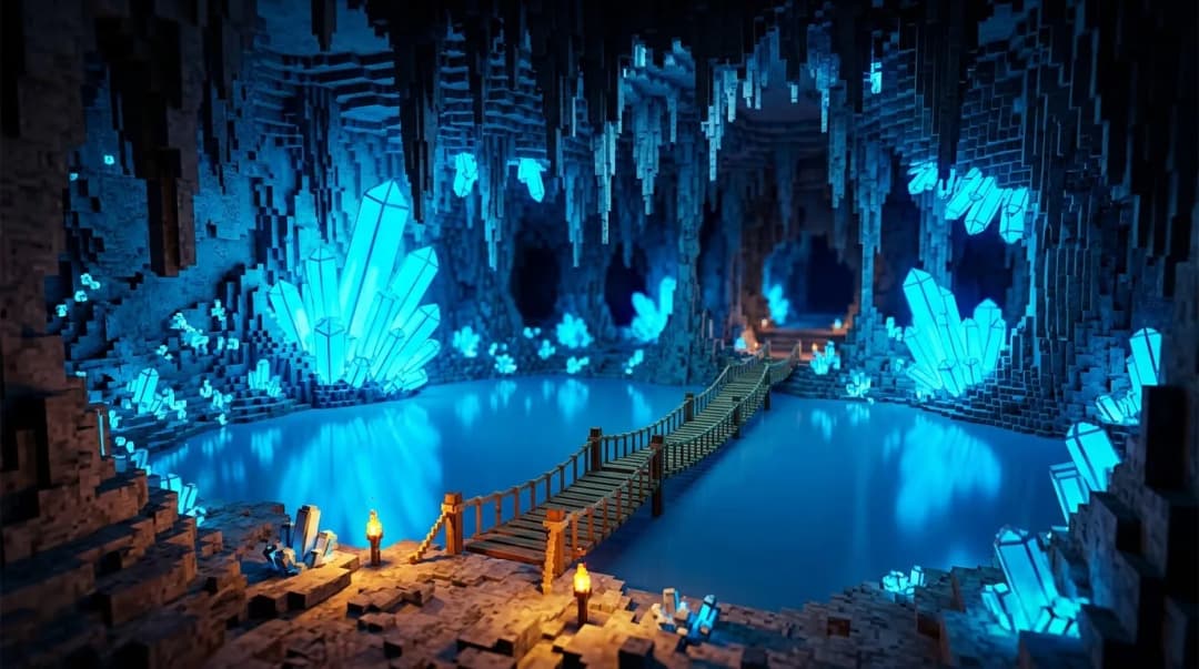 Caverna de pedras azuis luminosas sobre um lago subterrâneo, atravessado por uma ponte de madeira