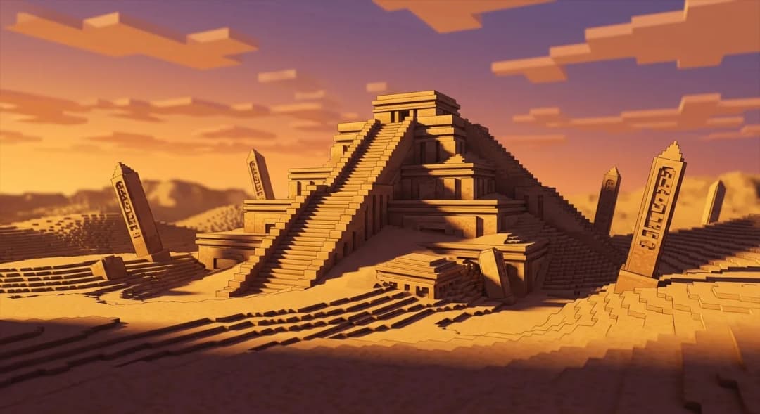 Templo de arenito meio soterrado nas dunas, com obeliscos ao redor, ao pôr do sol