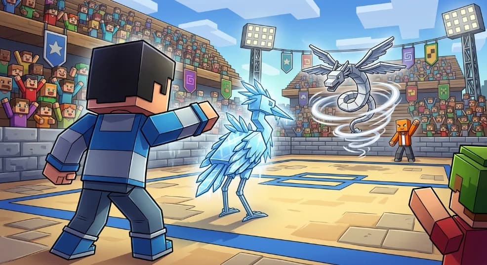 Batalha em um ginásio de Pixelmon diante da arquibancada cheia