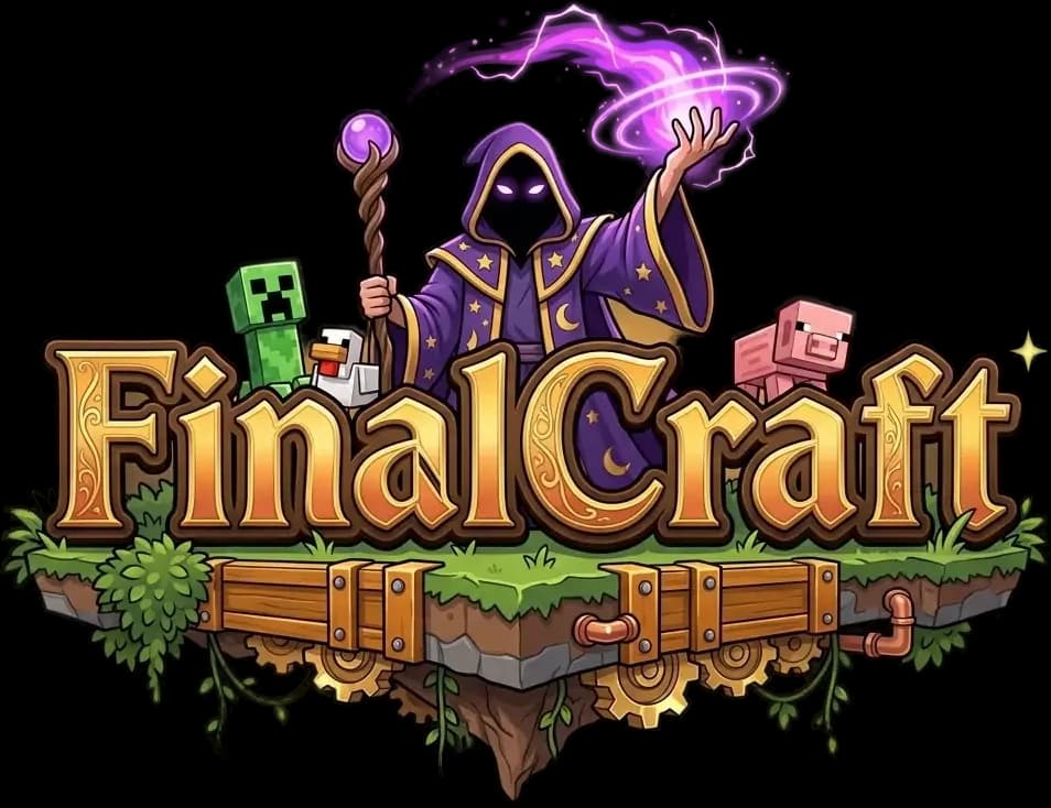 O nome FinalCraft em letras douradas sobre uma ilha flutuante, com um mago encapuzado conjurando magia roxa, um creeper, um golem de ferro e um porco