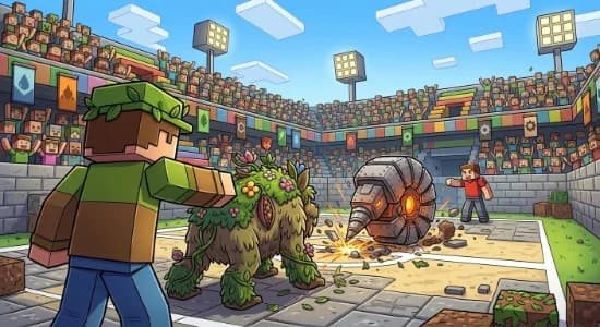 Criatura coberta de folhas e flores encara uma criatura metálica na arena, diante da arquibancada lotada