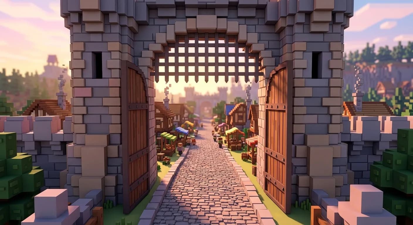 Portão de castelo aberto ao amanhecer, com um caminho de pedra levando para dentro da vila