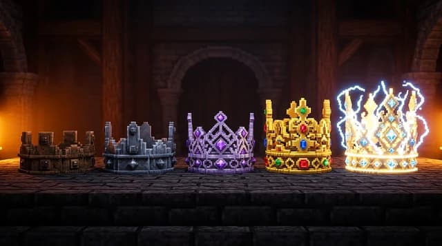 Cinco coroas lado a lado, da mais simples à mais ornamentada, no salão de pedra de um castelo