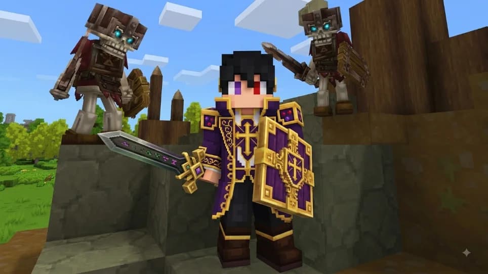 Personagem de armadura no Hytale diante de dois esqueletos armados