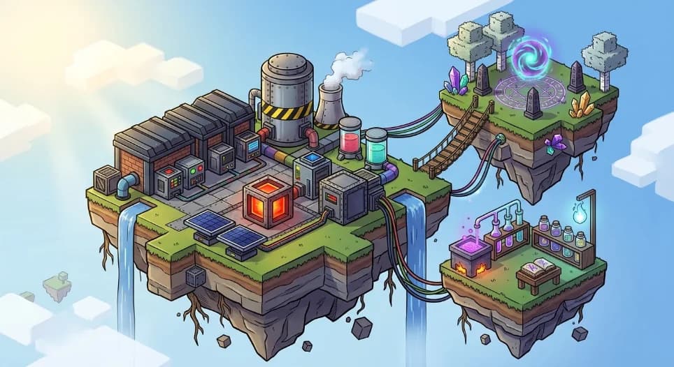 Ilha flutuante do Skylords com máquinas, cultivos e um portal mágico
